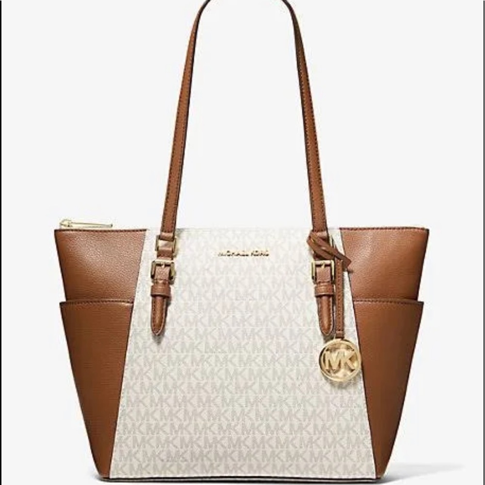 MICHAEL KORS Charlotte LG Tote Brown/Vanilla T.zip